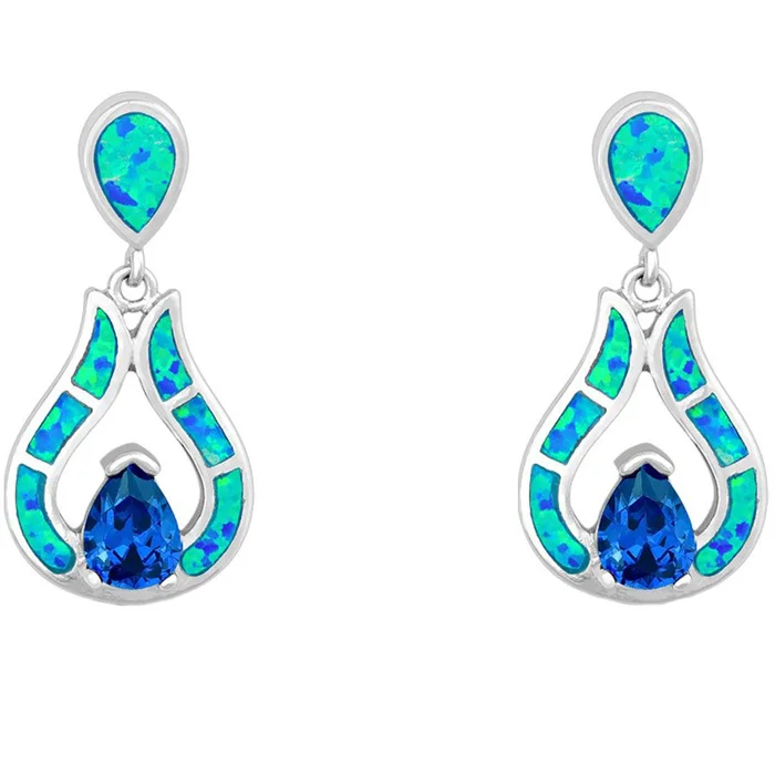 Women’s Earrings – Sterling Silver Blue Opal Teardrop with Center CZ | D-5192