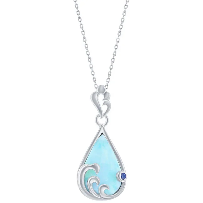 Women’s Necklace – Larimar and Blue CZ Pearshaped Wave | M-6909
