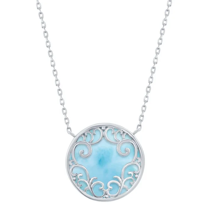 Women’s Necklace – Silver Round Larimar Filigree Design | M-6695