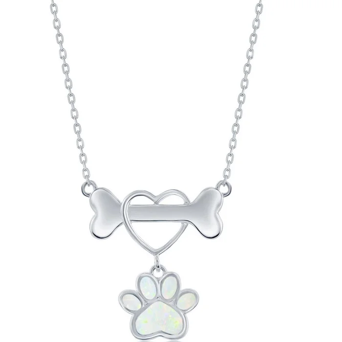 Women’s Necklace – Sterling Dog Bone with Heart and White Opal Paw | M-6899