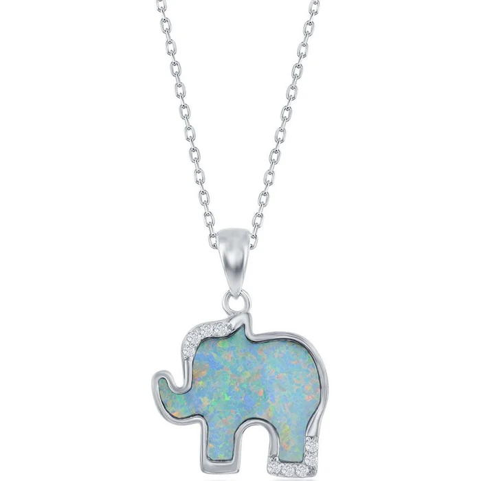Women’s Necklace – Sterling Silver White Inlay Opal and CZ Elephant | M-6866