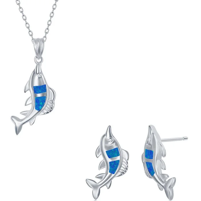 Women’s Necklace and Earrings Set – Sterling Blue Inlay Opal Fish | SET-580
