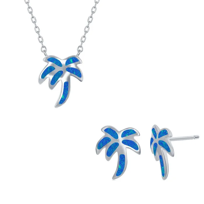 Women’s Necklace and Earrings Set – Sterling Blue Opal Palm Tree | SET-570
