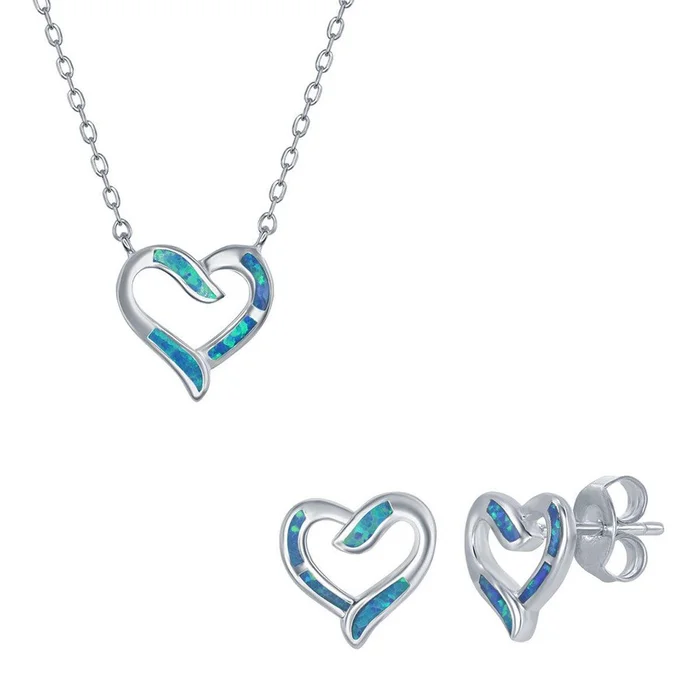 Women’s Necklace and Earrings Set – Sterling Silver Blue Opal Heart | SET-575