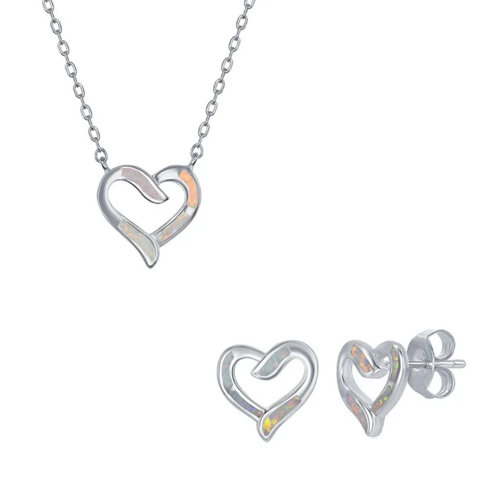 Women’s Necklace and Earrings Set – Sterling Silver White Opal Heart | SET-576