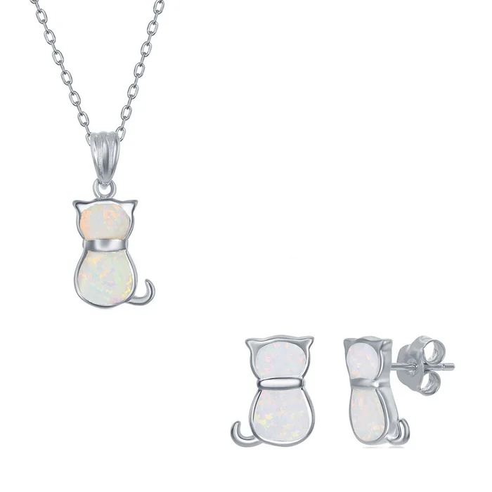 Women’s Necklace and Earrings Set – Sterling White Inlay Opal Cat | SET-578
