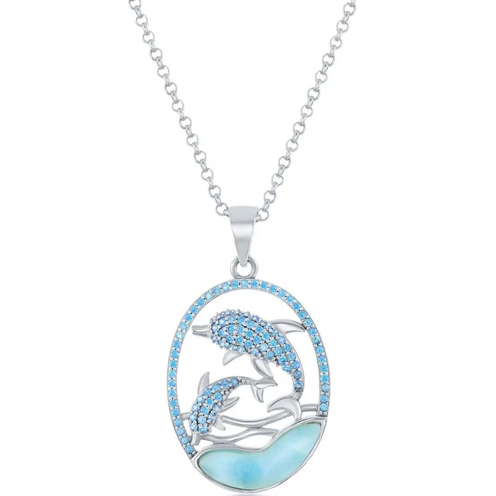 Women’s Pendant – Silver Blue CZ Dolphins and Larimar | K-8294