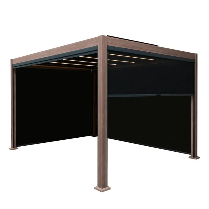Wood Effect Aluminium Pergola With Blinds & LED Lights – 4m x 3m
