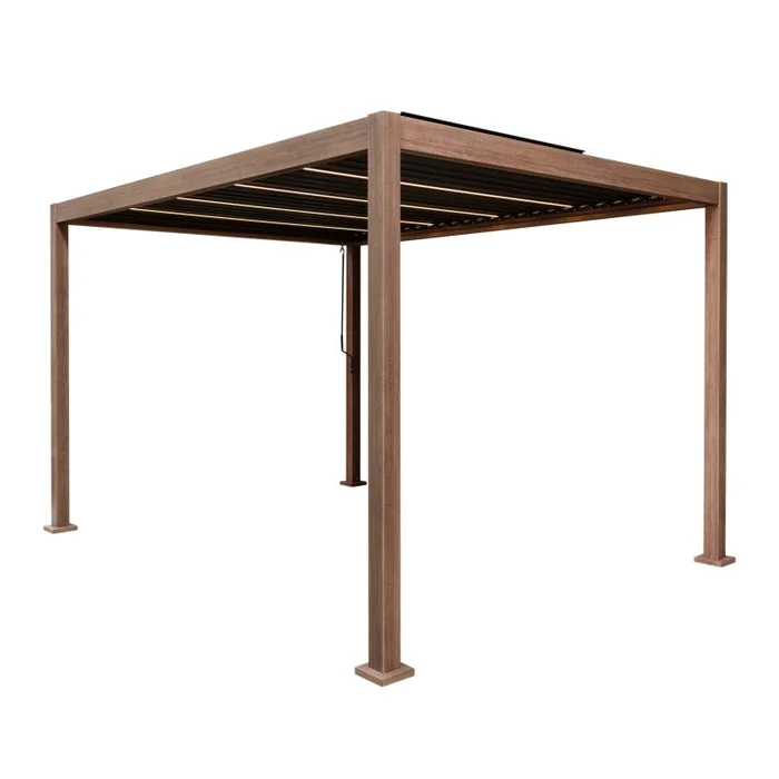 Wood Effect Aluminium Pergola With LED Lights – 4m x 3m