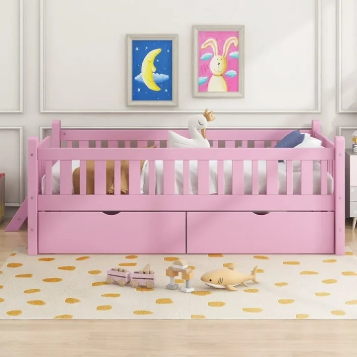 Wood Twin Size Platform Bed with Guardrail and 2 Drawers, Pink 58316824