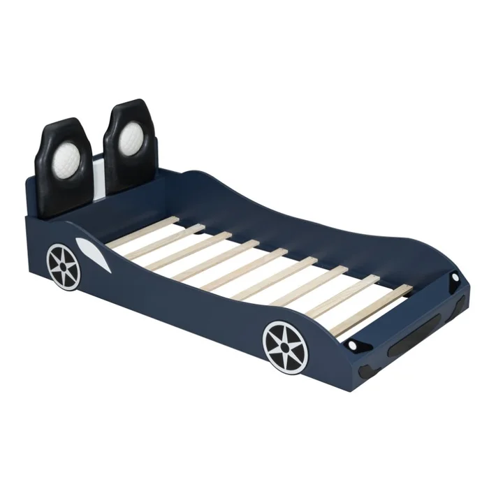 Wood Twin Size Race Car-Shaped Platform Bed with LED and Upholstered Backrest, Blue 38200943