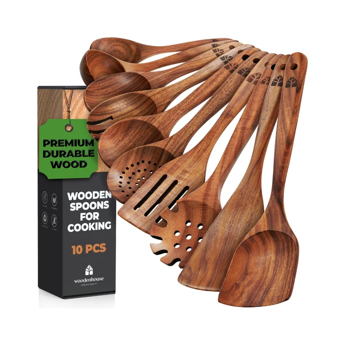 Wooden Spoons for Cooking, 10 Pcs Wooden Cooking Utensils Set – Wooden Utensil Set for Nonstick Pans & Cookware