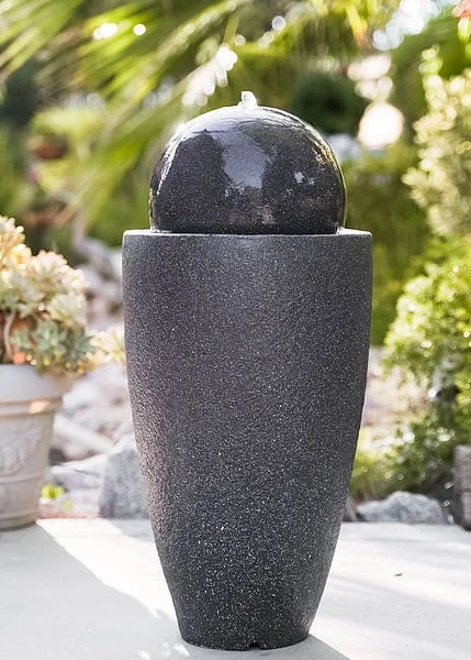 XBrand Modern Stone Textured Round Sphere Water Fountain w/LED Lights, Indoor Outdoor Décor, 25.6 Inch Tall, Black