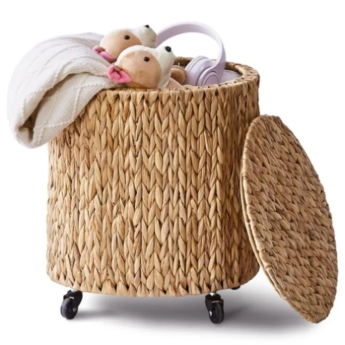 (原SKU05570980）Vintage Storage Basket, Multipurpose Rolling Hamper With Brakable Wheels and Lid, 95354080