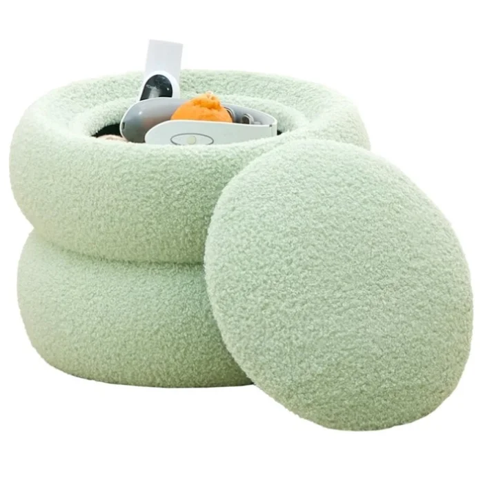 （原SKU31990504）Storage Ottoman, Round Teddy Velvet Footrest with Tray, Macaron-Shaped Stool, Modern 11541772