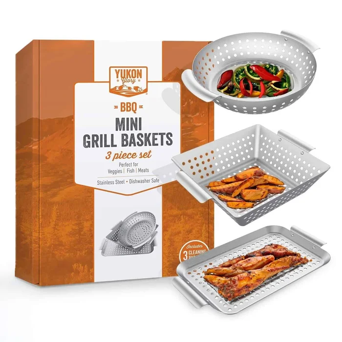 Yukon Glory 3-Piece Mini Grilling Basket Set – Stainless Steel Perforated Grill Baskets