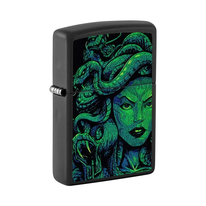 Zippo Pocket Lighter – Black Matte Medusa Design Brass Windproof Refillable | 48609