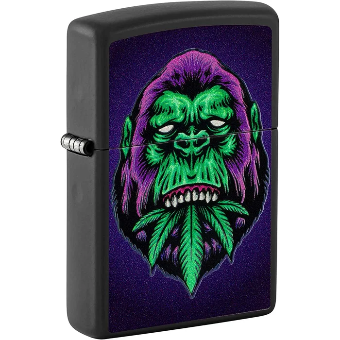 Zippo Windproof Lighter – Black Light Cannabis Gorilla Design Black Matte | 48585