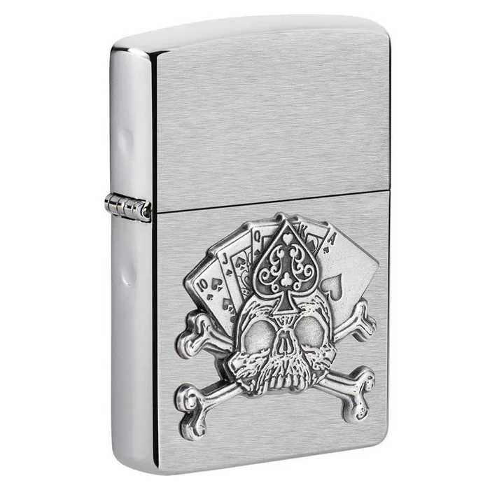 Zippo Windproof Lighter – Card Skull Emblem Design Brush Chrome Finish | 49293