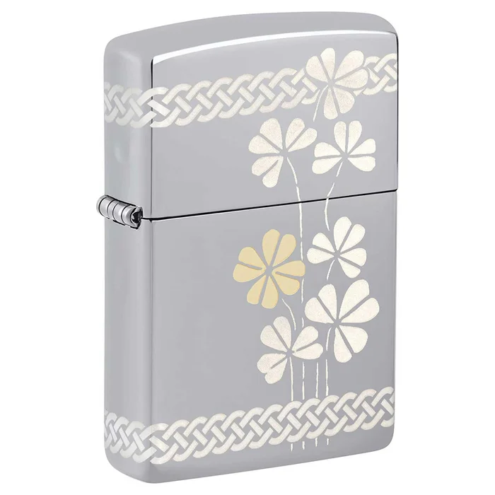 Zippo Windproof Lighter – Laser 360 Clover Design High Polish Chrome Metal | 48586