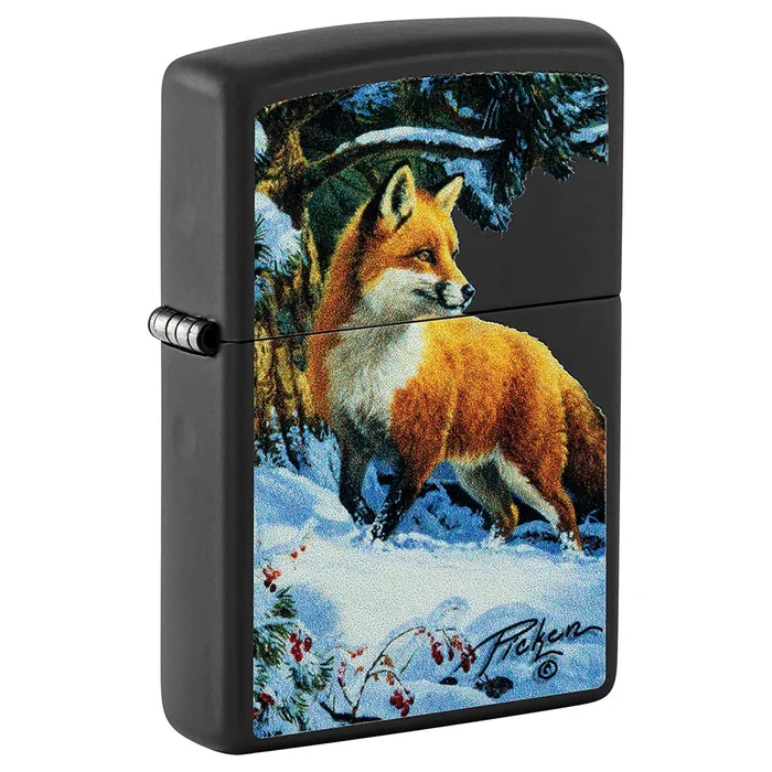 Zippo Windproof Lighter – Linda Pickens Fox Design Black Matte Metal Finish | 48596