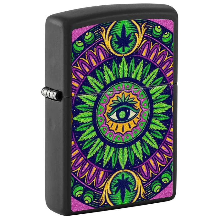 Zippo Windproof Lighter – Mandala-Style Cannabis Pattern Design Black Matte | 48583