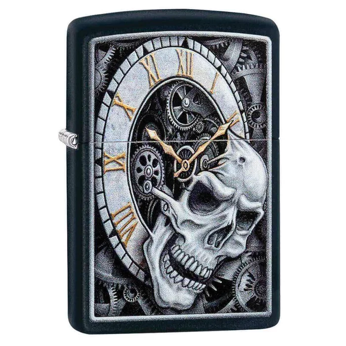 Zippo Windproof Lighter – Skull Clock Design Black Matte Refillable | 29854