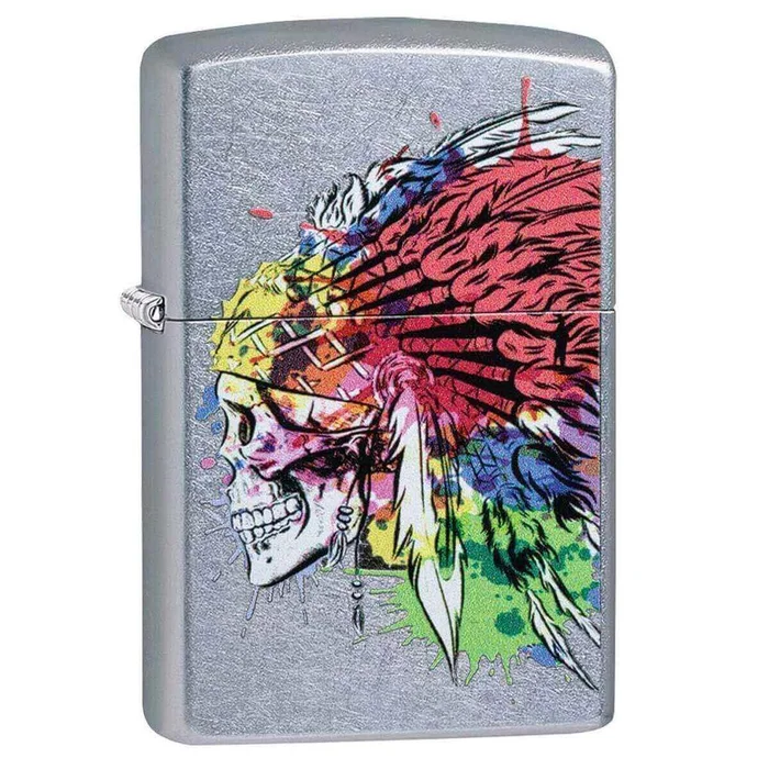 Zippo Windproof Lighter – Skull with Headdress Design Street Chrome Finish | 49111