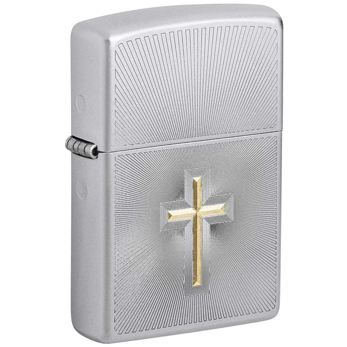 Zippo Windproof Lighter – Two Tone Cross Design Satin Chrome Metal Finish | 48581