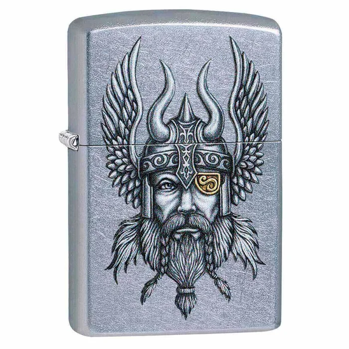 Zippo Windproof Lighter – Viking Warrior Design Street Chrome Finish | 29871