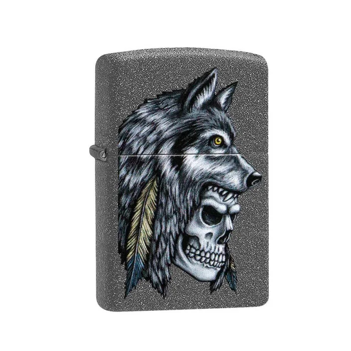 Zippo Windproof Lighter – Wolf Skull Feather Design Iron Stone Finish Metal | 29863